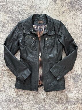 Danier Black Leather Jacket XS Fitted Moto Zip Soft Leather